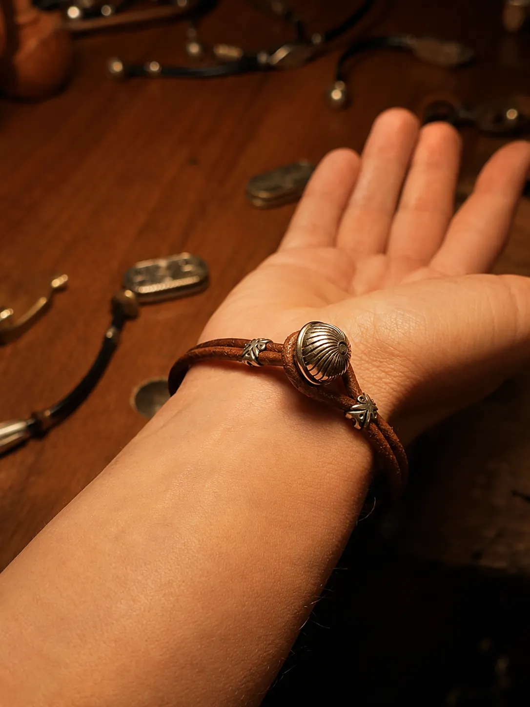 Finished handcrafted bracelet worn on a wrist, back side view