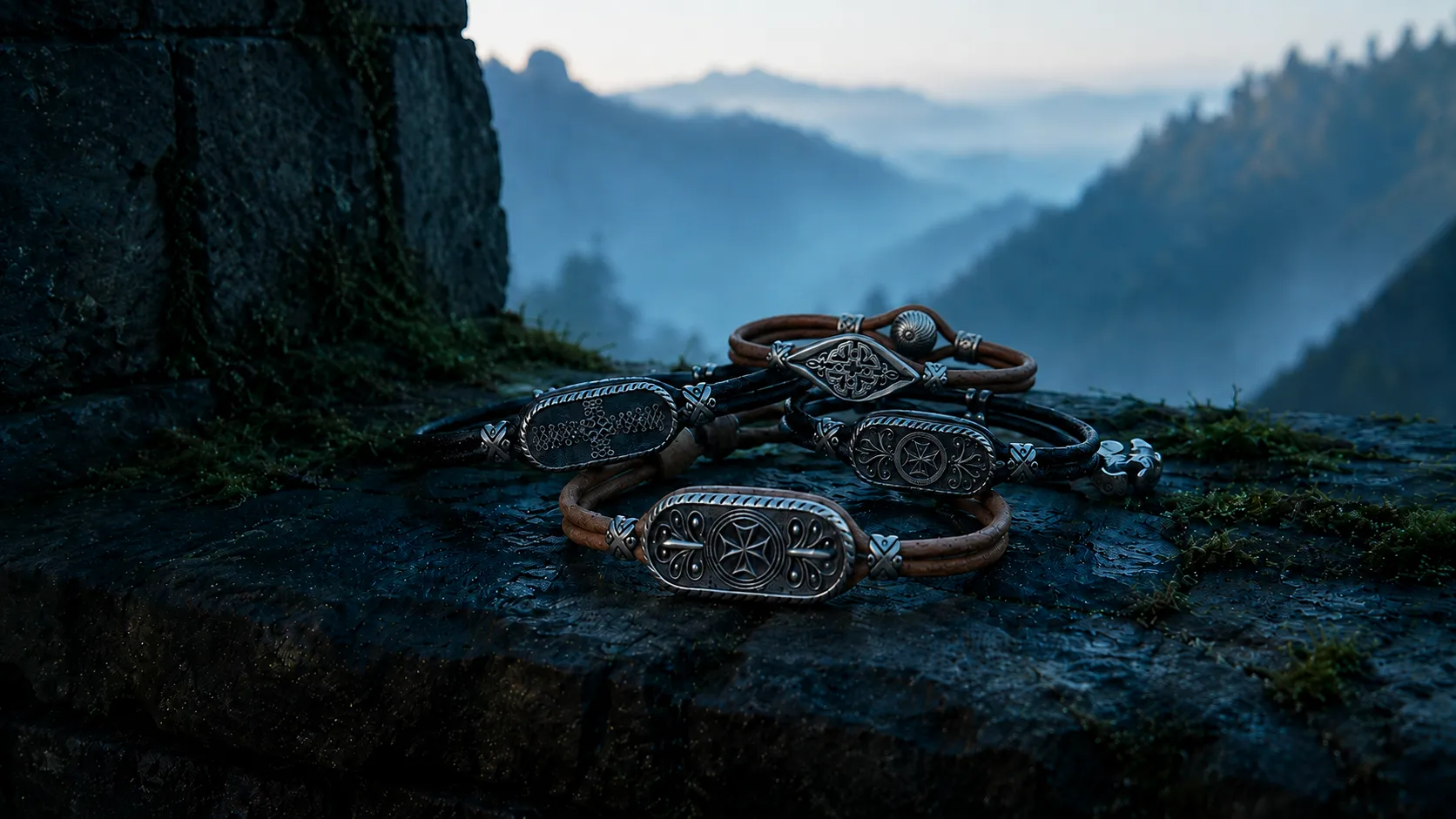 Three handcrafted bu-neba silver bracelets on a mossy mountain fortress stone at dawn, Caucasian mountain mist in the background